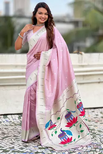 Pastel zari woven peacock lotus paithani silk saree