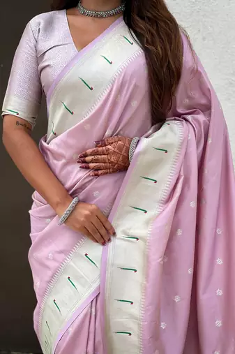 Pastel zari woven peacock lotus paithani silk saree