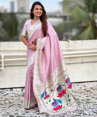 Pastel zari woven peacock lotus paithani silk saree 5
