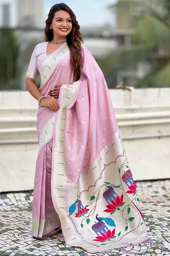 Pastel zari woven peacock lotus paithani silk saree