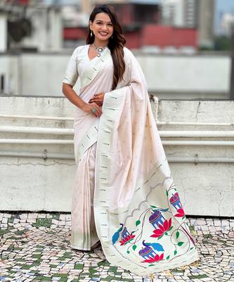 Pastel zari woven peacock lotus paithani silk saree 1