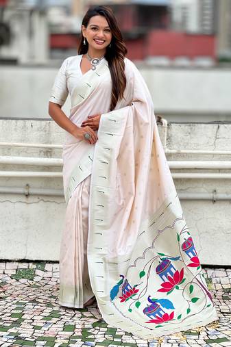 Pastel zari woven peacock lotus paithani silk saree