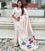 Pastel zari woven peacock lotus paithani silk saree