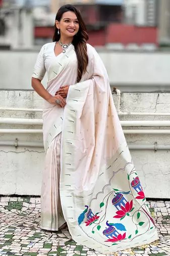 Pastel zari woven peacock lotus paithani silk saree