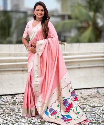 Pastel zari woven peacock lotus paithani silk saree 1