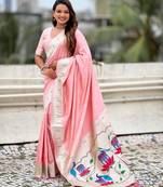 Pastel zari woven peacock lotus paithani silk saree