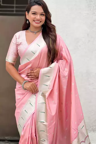 Pastel zari woven peacock lotus paithani silk saree