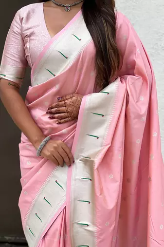 Pastel zari woven peacock lotus paithani silk saree
