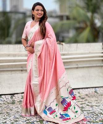 Pastel zari woven peacock lotus paithani silk saree 5