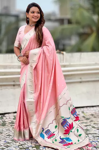Pastel zari woven peacock lotus paithani silk saree