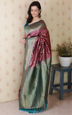 Soft silk banarasi zigzag meenakari zari woven saree 3