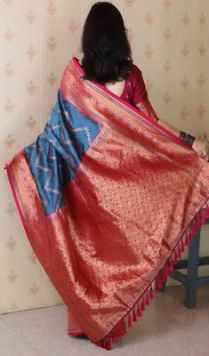 Soft silk banarasi zigzag meenakari zari woven saree 4