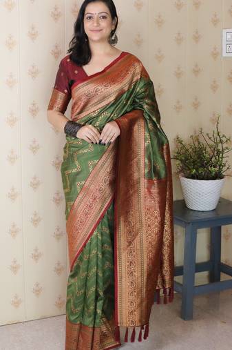 Soft silk banarasi zigzag meenakari zari woven saree