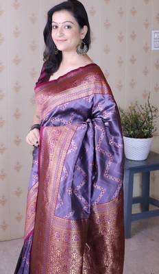 Soft silk banarasi zigzag meenakari zari woven saree 4