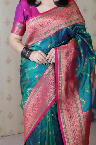 Soft silk banarasi zigzag meenakari zari woven saree