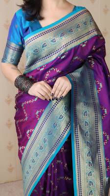 Soft silk banarasi zigzag meenakari zari woven saree 4