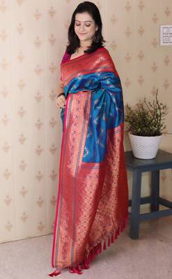 Soft silk banarasi zigzag meenakari zari woven saree 2