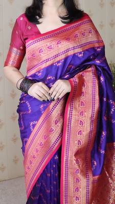 Soft silk banarasi zigzag meenakari zari woven saree 4