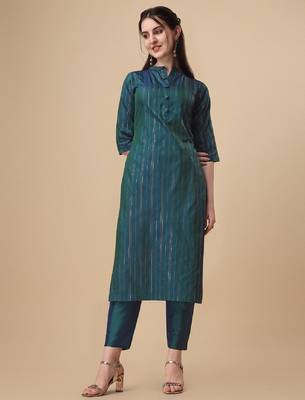 Green color art silk blend mandarin neck kurti 1