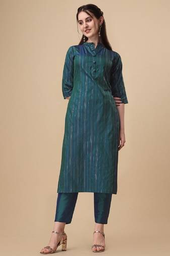 Green color art silk mandarin neck kurti