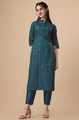 Green color art silk mandarin neck kurti