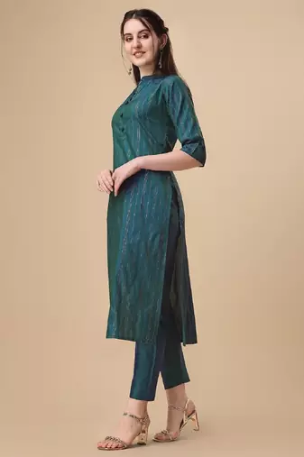 Green color art silk blend mandarin neck kurti