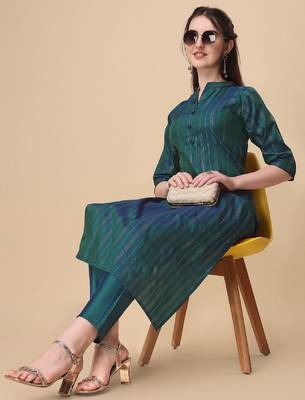 Green color art silk blend mandarin neck kurti 3