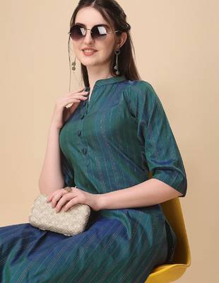 Green color art silk blend mandarin neck kurti 4