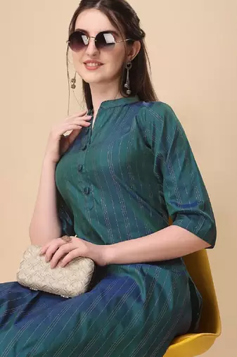 Green color art silk blend mandarin neck kurti