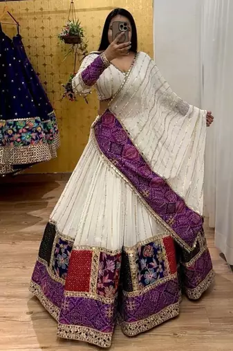 White Color Digital Print With Sequins Work Georgette Lehenga Choli