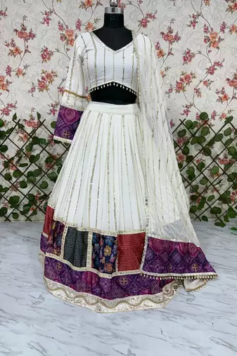 White Color Digital Print With Sequins Work Georgette Lehenga Choli