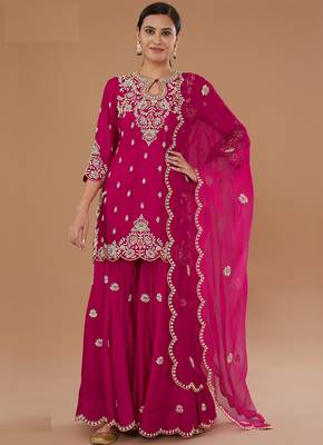 Pink embroidered vichitra stitched palazzo style salwar suit 1