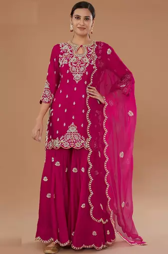 Pink embroidered vichitra semi-stitched palazzo style salwar suit