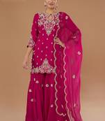 Pink embroidered vichitra semi-stitched palazzo style salwar suit