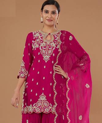 Pink embroidered vichitra stitched palazzo style salwar suit 2