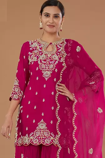 Pink embroidered vichitra stitched palazzo style salwar suit