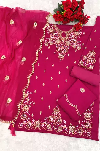Pink embroidered vichitra stitched palazzo style salwar suit