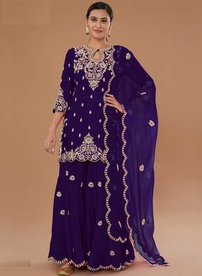Blue embroidered vichitra stitched palazzo style salwar suit 1