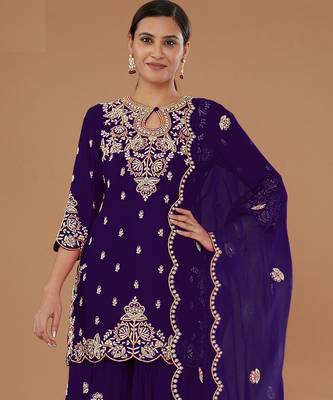Blue embroidered vichitra stitched palazzo style salwar suit 2