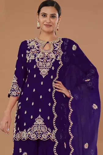 Blue embroidered vichitra stitched palazzo style salwar suit