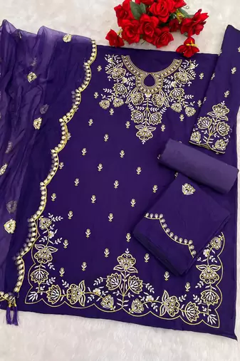 Blue embroidered vichitra stitched palazzo style salwar suit