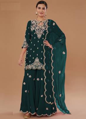 Green embroidered vichitra stitched palazzo style salwar suit 1