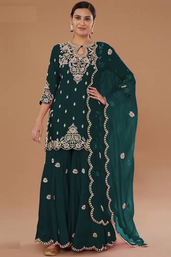 Green embroidered vichitra semi-stitched palazzo style salwar suit