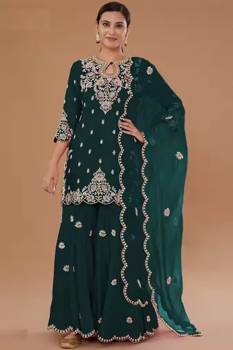 Green embroidered vichitra semi-stitched palazzo style salwar suit