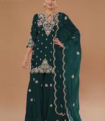 Green embroidered vichitra semi-stitched palazzo style salwar suit