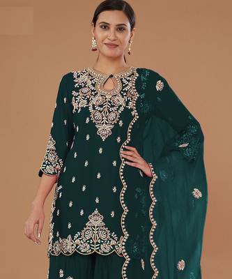 Green embroidered vichitra stitched palazzo style salwar suit 2