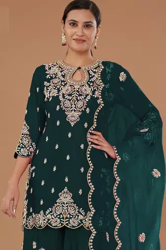 Green embroidered vichitra stitched palazzo style salwar suit