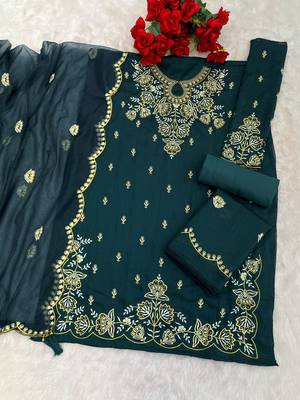 Green embroidered vichitra stitched palazzo style salwar suit 3