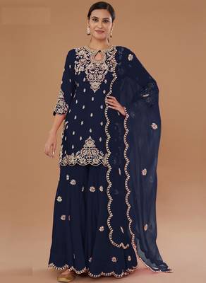 Navy blue embroidered vichitra stitched palazzo style salwar suit 1