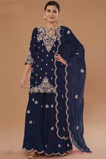 Navy blue embroidered vichitra semi-stitched palazzo style salwar suit